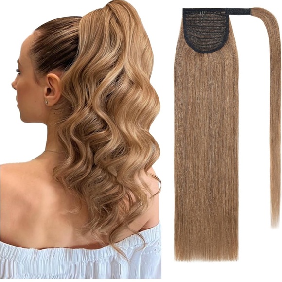 20” Ponytail Extensions Human Hair Long Straight#6 Light Brown95g